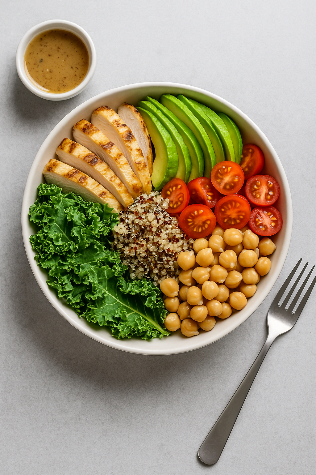 Ensalada de pollo asado con quinoa, palta, garbanzos y kale