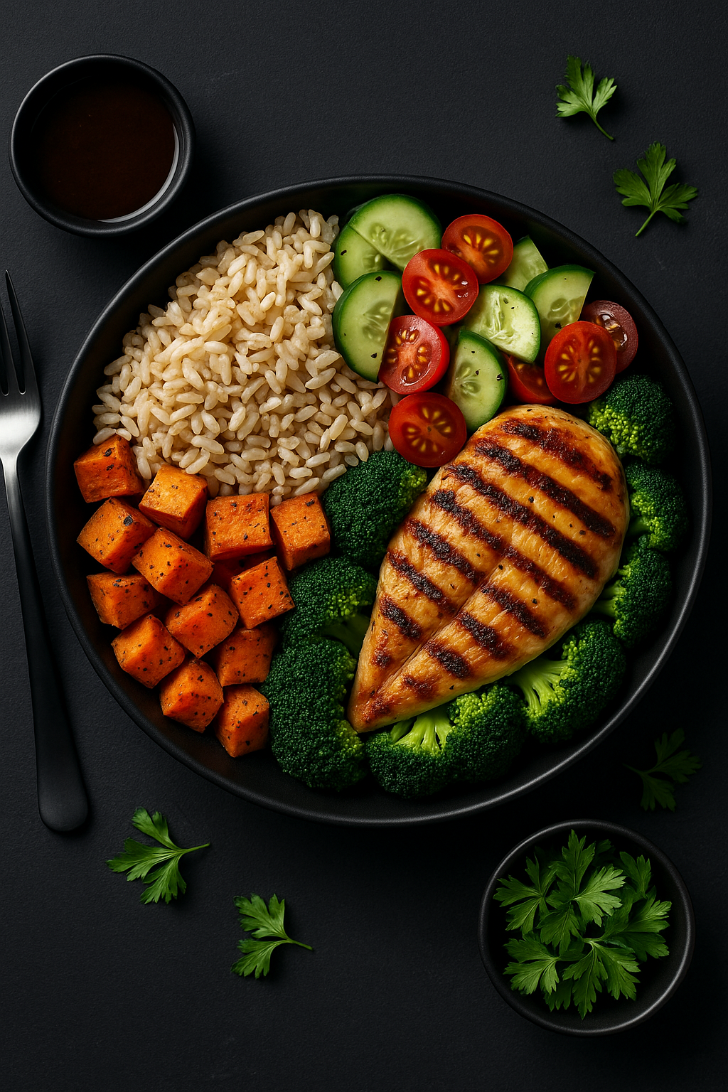 Pollo grillado con batatas, arroz integral, pepino y brócoli