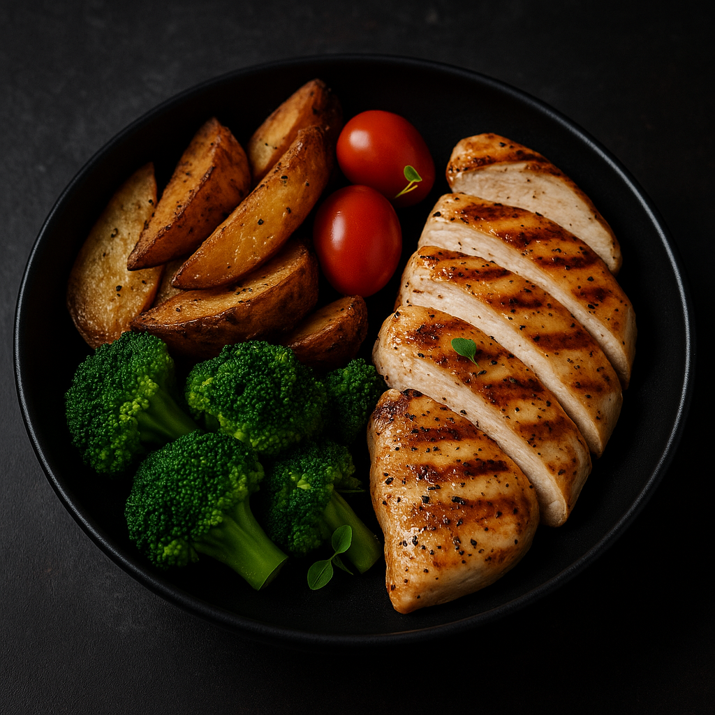 Pechuga a la plancha con papas rústicas, brócoli y tomates cherry